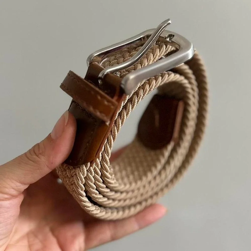 Brown leather and beige knit belt